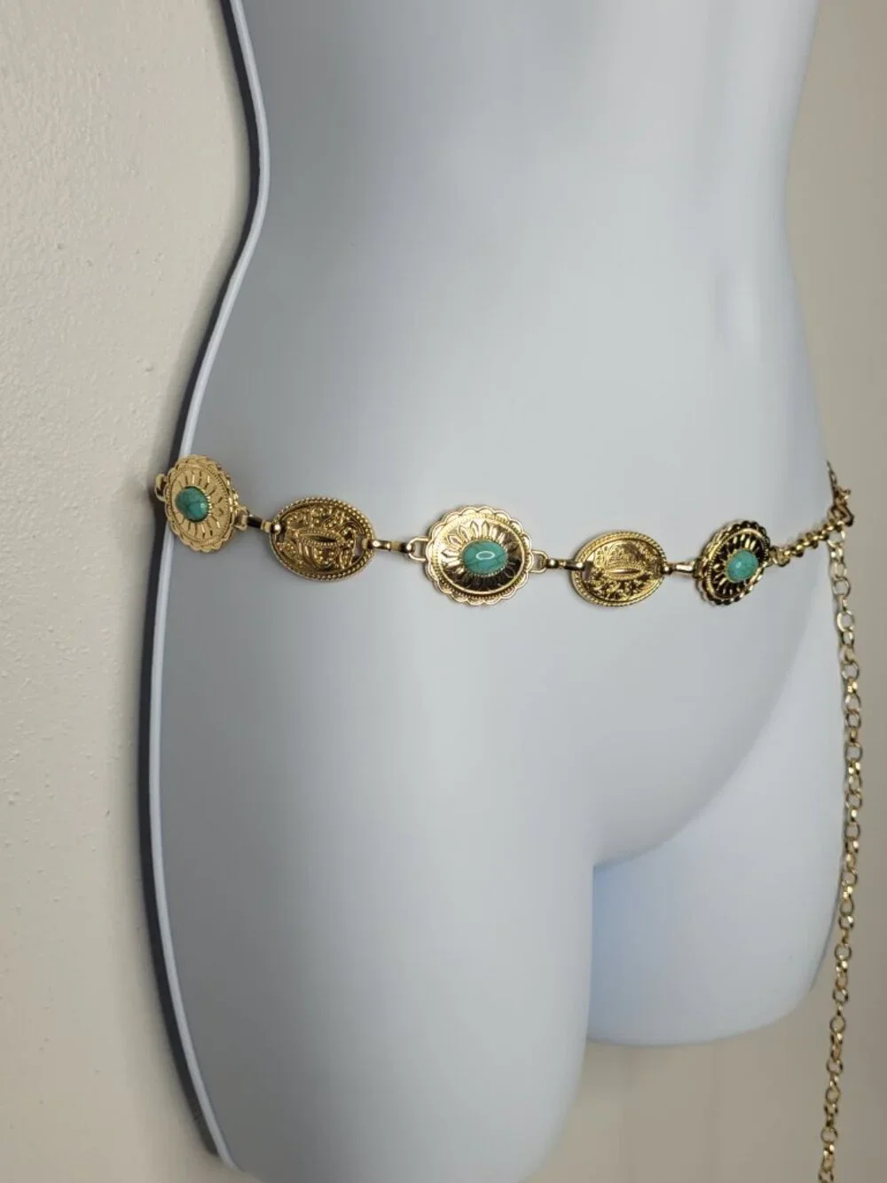 Gold tone chain western rodeo boho cowgirl teal rock adjustable belt